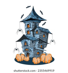 Haunted houses with pumpkins, spiders, and bats in cartoon style. Vector illustration 