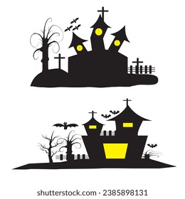 Haunted houses silhouettes. Cartoon Halloween spooky ghost house, creepy monsters haunted houses. House with ghosts flat vector illustration set