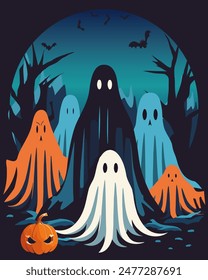 Haunted illustration for Halloween day.Colored vector illustration with ghosts and pumpkin for Halloween.