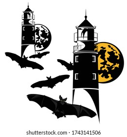 haunted lighthouse and flying flock of vampire bats on halloween night vector design set