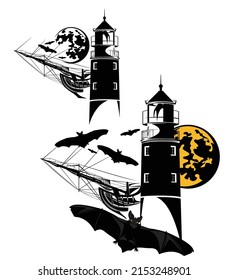 haunted lighthouse tower and pirate ship with flying vampire bats on halloween night vector design set