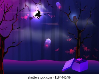 Haunted magical forest with illustration of flying witch and bats on purple background.