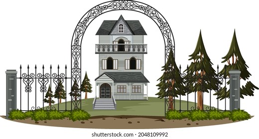 Haunted mansion exterior on white background illustration