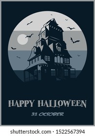 Haunted Mansion, Full Moon and Bats Halloween Greeting Card, Invitation Card, Ticket Template 