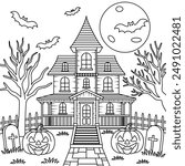 Haunted Mansion, Halloween Outline Coloring Page