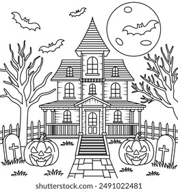 Haunted Mansion, Halloween Outline Coloring Page