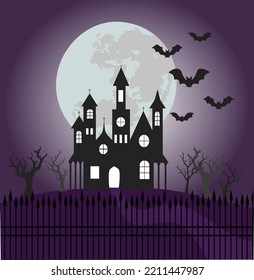 Haunted mansion at night spooky scary bat full moon design background prind texture card poster vector illustration