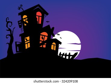 Haunted Mansion on a Hill with a Full Moon. Editable Clip Art.