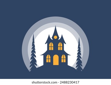 Haunted Mysterious Mansion on a Hill in Dark Forest. Halloween national holiday concept vector art