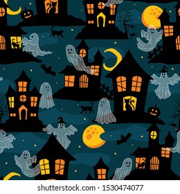 Haunted Neighborhood Halloween Vector Seamless Pattern 