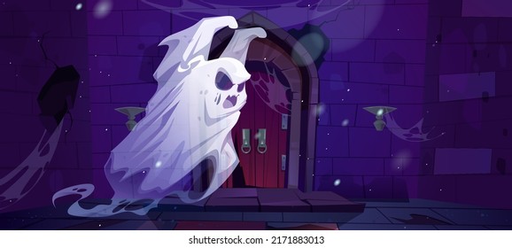 Haunted old castle with ghost, broken wooden door and stone wall. Vector cartoon illustration of abandoned medieval gungeon with spooky angry spirit at night