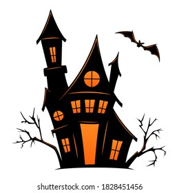 Haunted old house for Halloween. Vector silhouette of scary old house. Mystical spooky house with monsters and ghost. Black halloween castle. For flyer or invitation template for Halloween party.