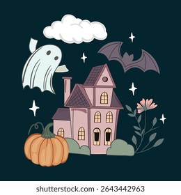 Haunted old house for Halloween. Vector silhouette of scary old house. Mystical spooky house with monsters and ghost. Black halloween castle. For flyer or invitation template for Halloween party.