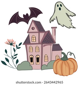 Haunted old house for Halloween. Vector silhouette of scary old house. Mystical spooky house with monsters and ghost. Black halloween castle. For flyer or invitation template for Halloween party.