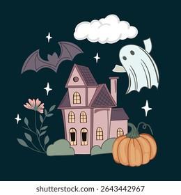 Haunted old house for Halloween. Vector silhouette of scary old house. Mystical spooky house with monsters and ghost. Black halloween castle. For flyer or invitation template for Halloween party.