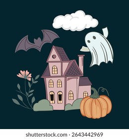 Haunted old house for Halloween. Vector silhouette of scary old house. Mystical spooky house with monsters and ghost. Black halloween castle. For flyer or invitation template for Halloween party.