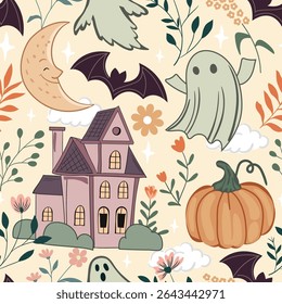 Haunted old house for Halloween. Vector Seamless Pattern for fabric and other printing purpose