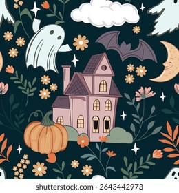 Haunted old house for Halloween. Vector Seamless Pattern for fabric and other printing purpose