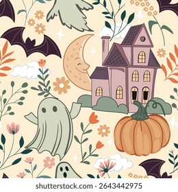 Haunted old house for Halloween. Vector Seamless Pattern for fabric and other printing purpose