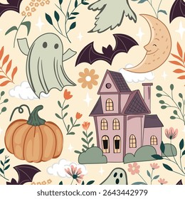 Haunted old house for Halloween. Vector Seamless Pattern for fabric and other printing purpose