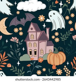 Haunted old house for Halloween. Vector Seamless Pattern for fabric and other printing purpose