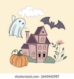 Haunted old house for Halloween. Vector silhouette of scary old house. Mystical spooky house with monsters and ghost. Black halloween castle. For flyer or invitation template for Halloween party.