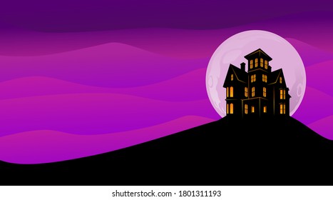 Haunted old house with the moon in background, Halloween image vector illustration