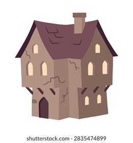 Haunted Old House Overhanging Eaves Manor, Spooky Abandoned Building Gothic Architecture Home Mansion, Creepy Horror Halloween Dead Element Cartoon Clipart Vector Illustration