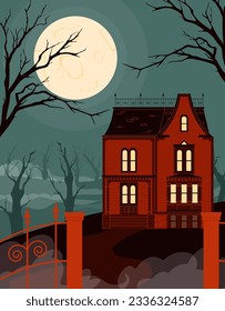 Haunted old red house concept. Poster or banner for Halloween. Ancient creepy castle and town. Holiday and festival of horror and fear. Panorama and landscape. Cartoon flat vector illustration