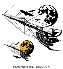 haunted pirate ship and flying flock of vampire bats on halloween night vector design set