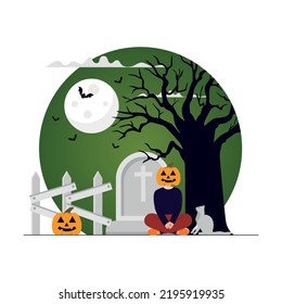Haunted pumpkin face man in graveyard illustration concept