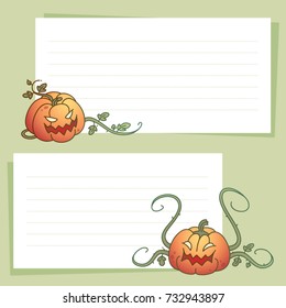 Haunted pumpkin patch notepaper design. Halloween carved pumpkin jack-o-lanterns on a light green background.