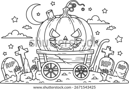 Haunted pumpkin wagon standing in a graveyard with crooked tombstones and zombie hands rising from the ground. Cute spooky black and white Halloween coloring page for kids.