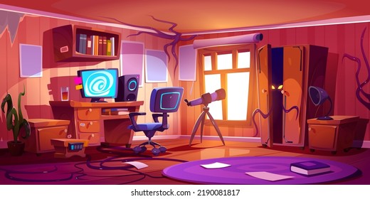 Haunted Room With Monster In Wardrobe Cartoon Illustration. Vector Interior Design Of Berdoom With Scary Supernatural Creature Hiding In Furniture And Corners, Computer On Desk, Telescope Near Window