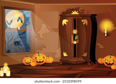 Quarto assombrado Guarda-roupa de madeira com monstros espiando para fora, Jack-o`-lanternas, teias de coelho, velas, janela quebrada, cortinas rasgadas e pavimentos de madeira - Desenho animado fundo Vetor Ilustração  