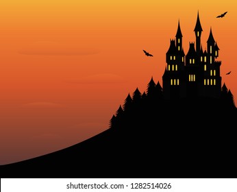 Castillo de silueta atormentado en la colina al atardecer con murciélagos - ilustración vectorial de fondo de Halloween