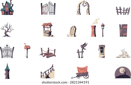 Haunted structures, spooky architecture, halloween decor, gothic elements, design assets.