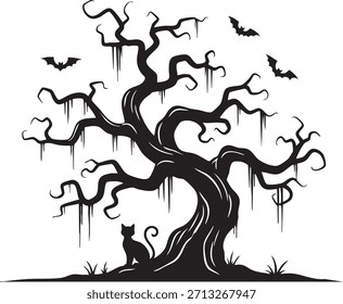 Árvore assombrada com morcegos e gato - Ilustração de Halloween assustador, cena de vetor de floresta assustador