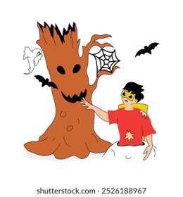 A haunted tree with a face stands beside a child dressed as a zombie