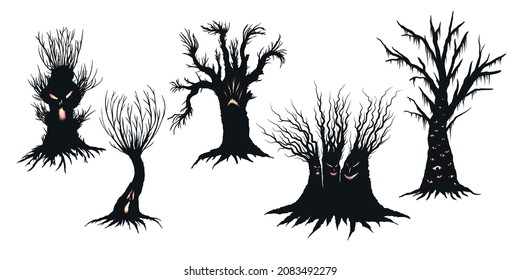 Haunted tree silhouettes with glowing eyes and creepy faces, monster trees vector illustrations, Halloween themed decor isolated on white