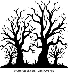 Haunted trees silhouette of Halloween vector illustrations on white background. scary plant element