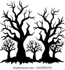 Haunted trees silhouette of Halloween vector illustrations on white background. scary plant element