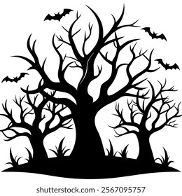 Haunted trees silhouette of Halloween vector illustrations on white background. scary plant element