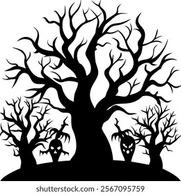 Haunted trees silhouette of Halloween vector illustrations on white background. scary plant element