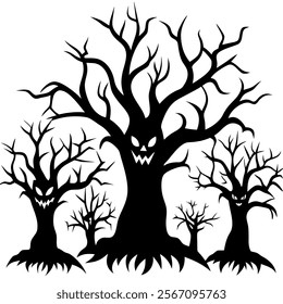 Haunted trees silhouette of Halloween vector illustrations on white background. scary plant element