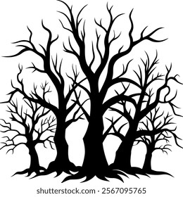 Haunted trees silhouette of Halloween vector illustrations on white background. scary plant element