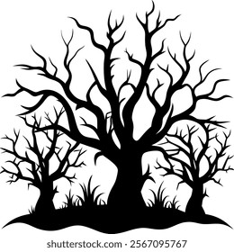 Haunted trees silhouette of Halloween vector illustrations on white background. scary plant element