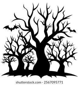 Haunted trees silhouette of Halloween vector illustrations on white background. scary plant element