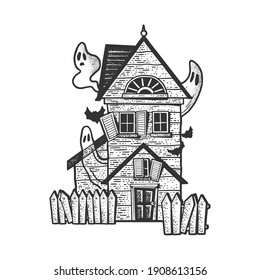 haunted witch house with ghost sketch engraving vector illustration. T-shirt apparel print design. Scratch board imitation. Black and white hand drawn image.