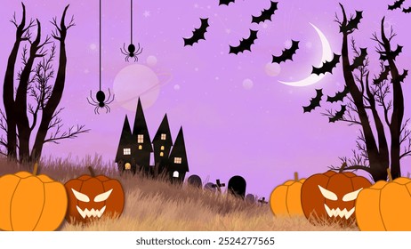 Uma paisagem assombrosa com tema de Halloween com um fundo roxo vibrante. A cena apresenta uma silhueta de uma casa assombrada, morcegos voando contra uma lua crescente, aranhas penduradas e uma lanterna de jack-o.